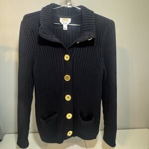 Talbots Women's Pima Cotton Cardigan Sweater Navy Gold Buttons Gorgeous Sz L